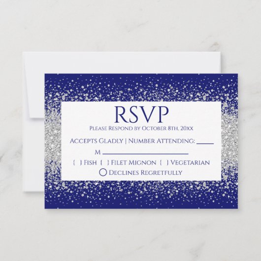 Modern Sliver Glitter over Royal Blue RSVP Kaartje (Achterkant)
