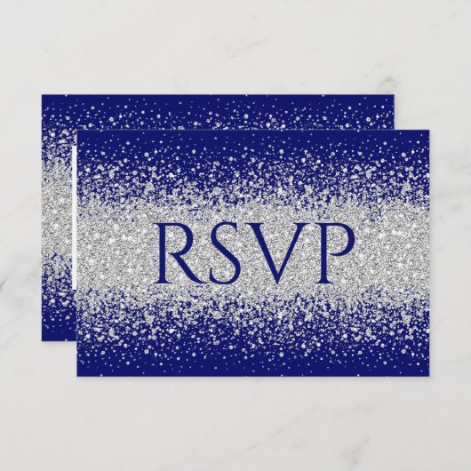 Modern Sliver Glitter over Royal Blue RSVP Kaartje (Voorkant / Achterkant)