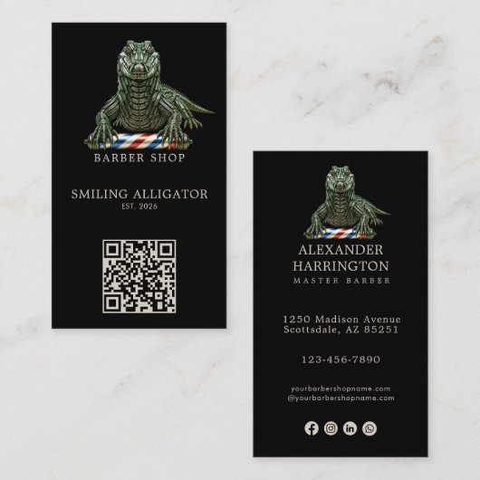 Modern Smaragd Alligator Herenkapper Logo Qr Code Visitekaartje (Voorkant / Achterkant)