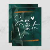 modern smaragdgroen en bladeren Save the Date Anno Aankondigingskaart (Voorkant / Achterkant)