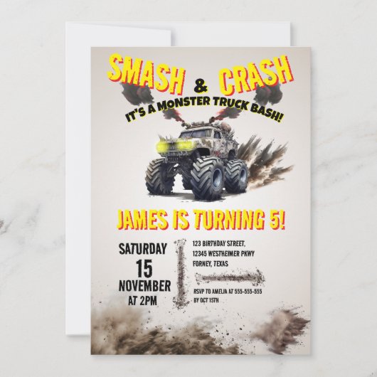 Modern SMASH & CRASH Monster Truck Verjaardagsfees Kaart (Voorkant)