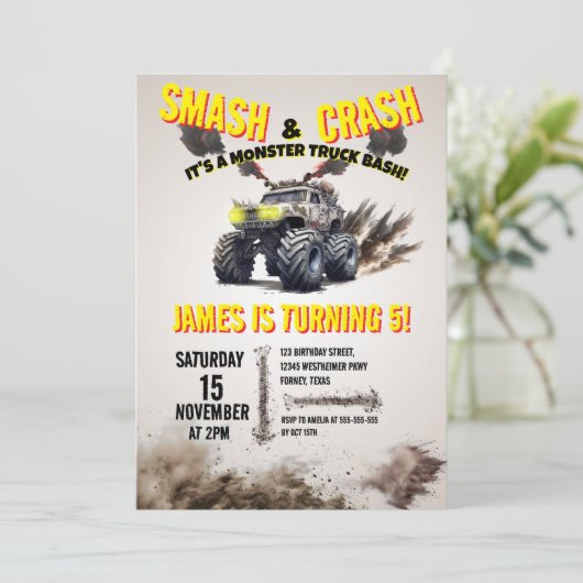 Modern SMASH & CRASH Monster Truck Verjaardagsfees Kaart (Staand voorkant)