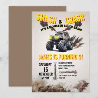 Modern SMASH & CRASH Monster Truck Verjaardagsfees Kaart