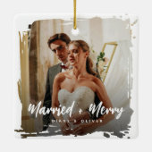 Modern Smudge Newlyweds Photo Married + Merry Keramisch Ornament (Achterkant)