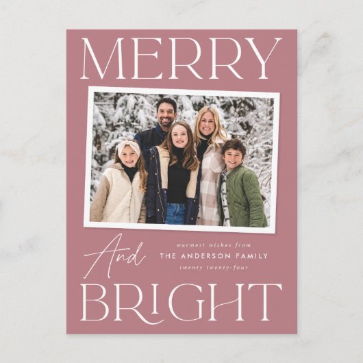Modern Snapshot Dusty Roos Merry and Bright Photo Feestdagenkaart (Voorkant)