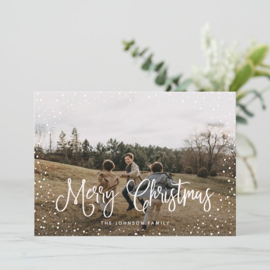 Modern sneeuwscript 2 Foto Feestdagenkaart (Staand voorkant)