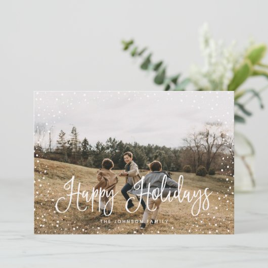 Modern sneeuwscript 2 Foto Feestdagenkaart (Staand voorkant)