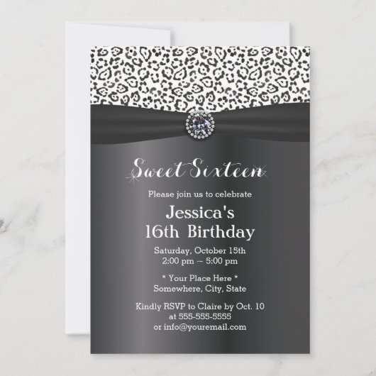 Modern Snow Leopard Black Ribbon Sweet 16 Kaart (Voorkant)