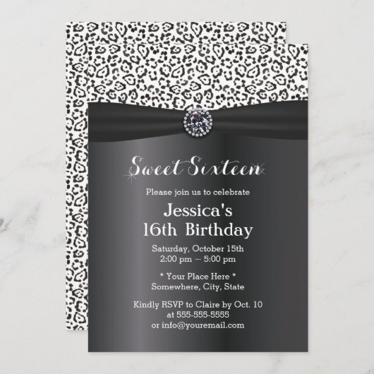 Modern Snow Leopard Black Ribbon Sweet 16 Kaart (Voorkant / Achterkant)