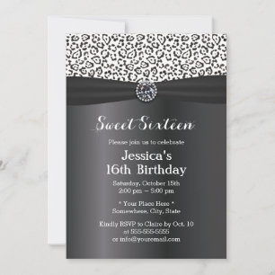 Modern Snow Leopard Black Ribbon Sweet 16 Kaart