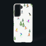 Modern Snowboarding Illustratie Samsung Galaxy Hoesje<br><div class="desc">Koel-witte illustratiekunst met kleurrijke sneeuwboarders,  sneeuwboarden in bergen onder pijnbomen,  sparren en pijnbomen op vers sneeuwpoeder. Snowboard en Xmas buitensport in een winterbos. Snowboarder giften. Snowboardontwerp voor hem</div>