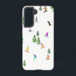 Modern Snowboarding Illustratie Samsung Galaxy Hoesje<br><div class="desc">Koel-witte illustratiekunst met kleurrijke sneeuwboarders,  sneeuwboarden in bergen onder pijnbomen,  sparren en pijnbomen op vers sneeuwpoeder. Snowboard en Xmas buitensport in een winterbos. Snowboarder giften. Snowboardontwerp voor hem</div>