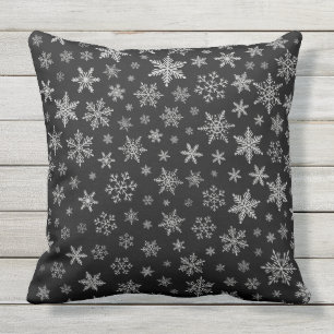 Modern Snowflake 2 - Black & Silver Grey- Buitenkussen