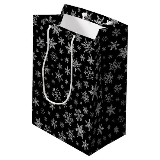 Modern Snowflake 2 - Black & Silver Grey- Medium Cadeauzakje (Achterkant Gekanteld)