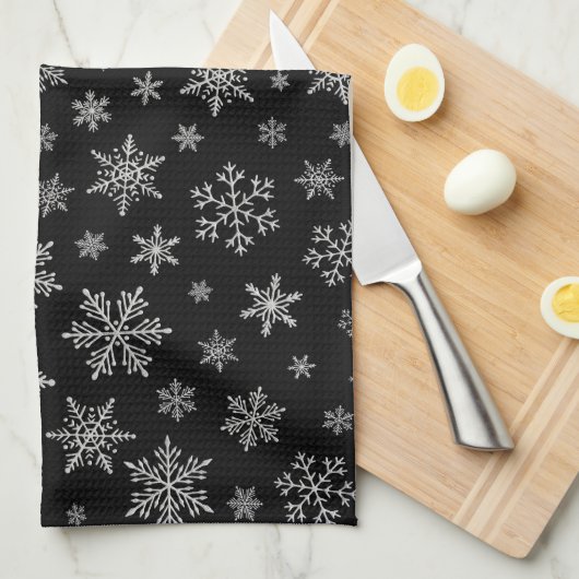 Modern Snowflake 2 - Black & Silver Grey- Theedoek (Quarter Fold)