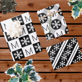 Modern Snowflake Black en White voegen Monogram to Inpakpapier Vel
