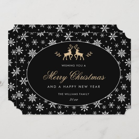 Modern Snowflake Black White Gold Reindeer Feestdagenkaart (Voorkant / Achterkant)