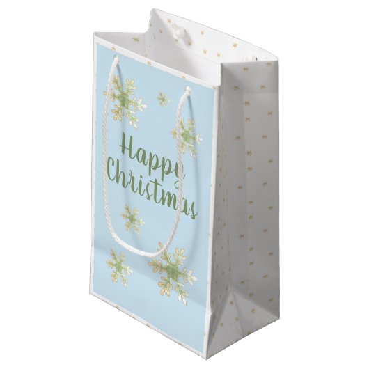 Modern Snowflake Blue Script Happy Kerstmis Klein Cadeauzakje (Voorkant Gekanteld)