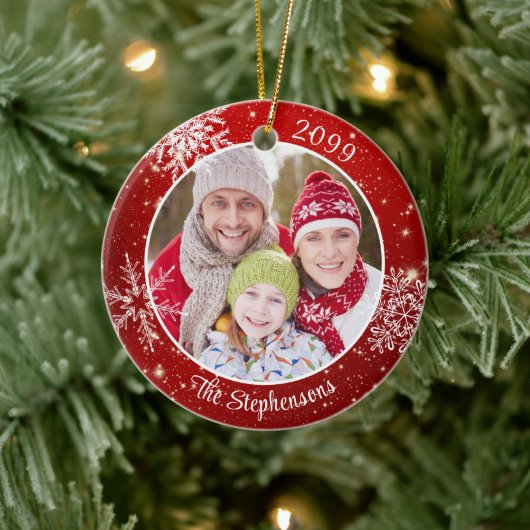 Modern Snowflake Foto Rood, gepersonaliseerd Keramisch Ornament (Boom)