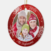 Modern Snowflake Foto Rood, gepersonaliseerd Keramisch Ornament (Links)
