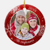 Modern Snowflake Foto Rood, gepersonaliseerd Keramisch Ornament (Achterkant)