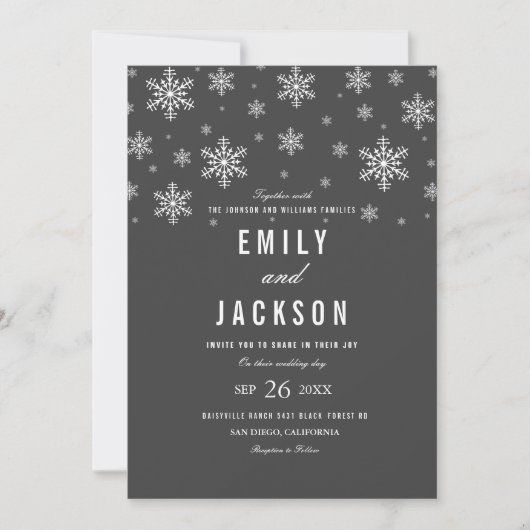 Modern Snowflake Gray Wedding Invitation Kaart (Voorkant)