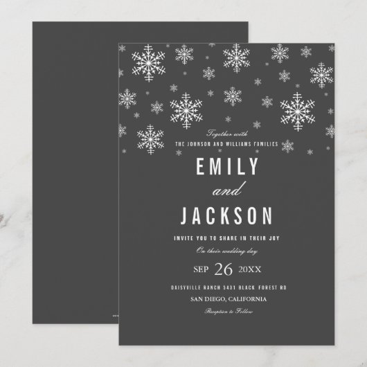 Modern Snowflake Gray Wedding Invitation Kaart (Voorkant / Achterkant)