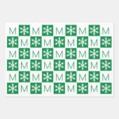 Modern Snowflake Green en White voegen Monogram to Inpakpapier Vel (Voorkant)