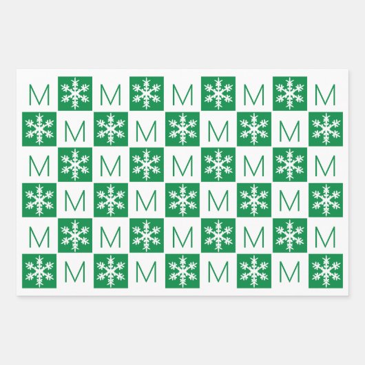 Modern Snowflake Green en White voegen Monogram to Inpakpapier Vel (Voorkant)