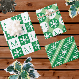 Modern Snowflake Green en White voegen Monogram to Inpakpapier Vel