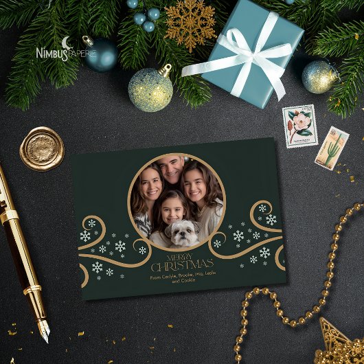 Modern Snowflake Green Folded Photo Holiday Card Kaart