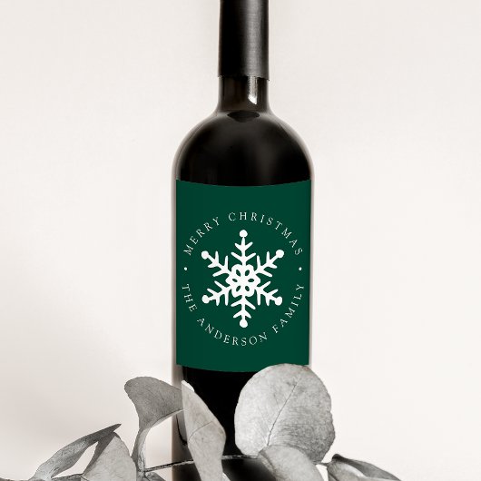 Modern Snowflake Green Holiday Wijn Etiket
