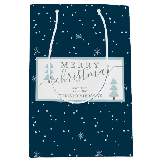 Modern Snowflake MERRY KERSTSCRIPT Blauw Medium Cadeauzakje (Voorkant)