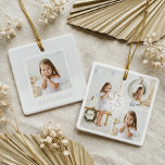 Modern Snowflake Monogram Drie Foto Collage Keramisch Ornament<br><div class="desc">Viel het magische en feestelijke vakantieseizoen met onze aangepaste fotoversieringen op vakantie. Ons moderne, elegante vakantiemodel is voorzien van een minimalistisch raster voor drie fotovakantiekollage met een modern, wit kerstsnowflake monogram in het midden van de drie fotovakantiesolilay-out. Aanpassen met monogram. De achterkant van de versiefoto kenmerkt één enkele foto in...</div>