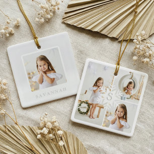 Modern Snowflake Monogram Drie Foto Collage Keramisch Ornament