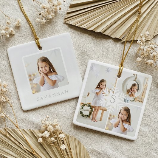 Modern Snowflake Monogram Drie Foto Collage Keramisch Ornament
