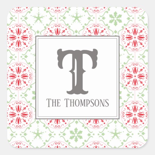 Modern Snowflake Pattern Holiday Monogram Vierkante Sticker (Voorkant)