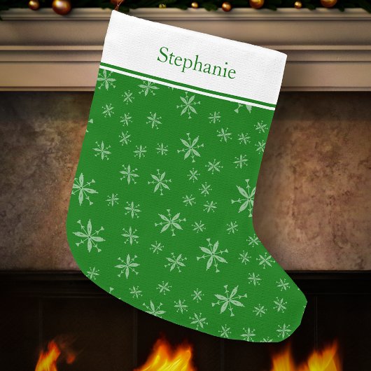 Modern Snowflake Pattern Monogrammed Green Grote Kerstsok