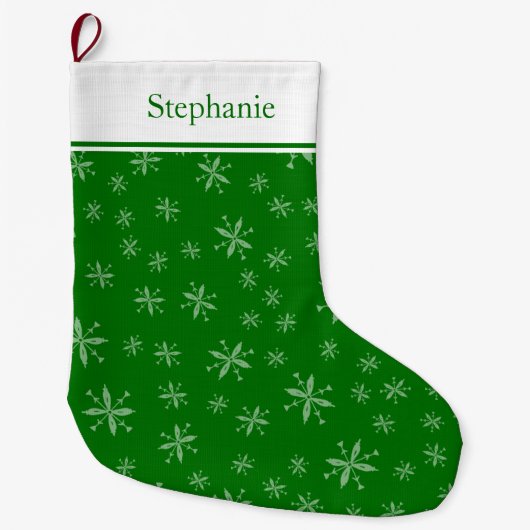 Modern Snowflake Pattern Monogrammed Green Grote Kerstsok (Voorkant)