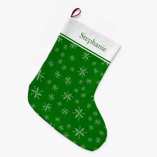 Modern Snowflake Pattern Monogrammed Green Grote Kerstsok (Voorkant (Hangend))