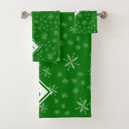 Modern Snowflake Pattern on Green Monogramed Bad Handdoek