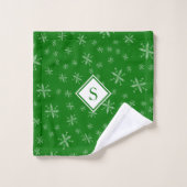 Modern Snowflake Pattern on Green Monogramed Bad Handdoek (Wasdoekje)