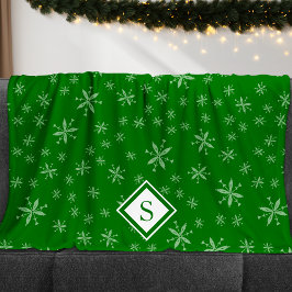 Modern Snowflake Pattern on Green Monogramed Fleece Deken