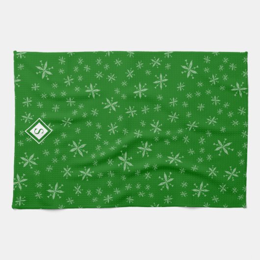 Modern Snowflake Pattern on Green Monogramed Theedoek (Horizontaal)