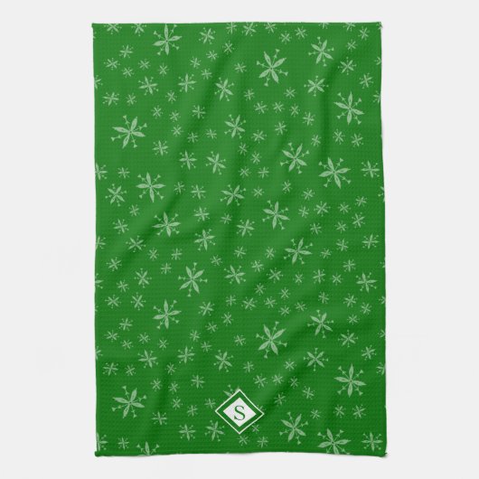 Modern Snowflake Pattern on Green Monogramed Theedoek (Verticaal)