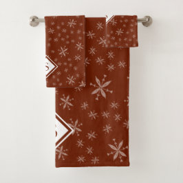 Modern Snowflake Pattern op Red Monogrammed Bad Handdoek