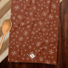 Modern Snowflake Pattern op Red Monogrammed Theedoek