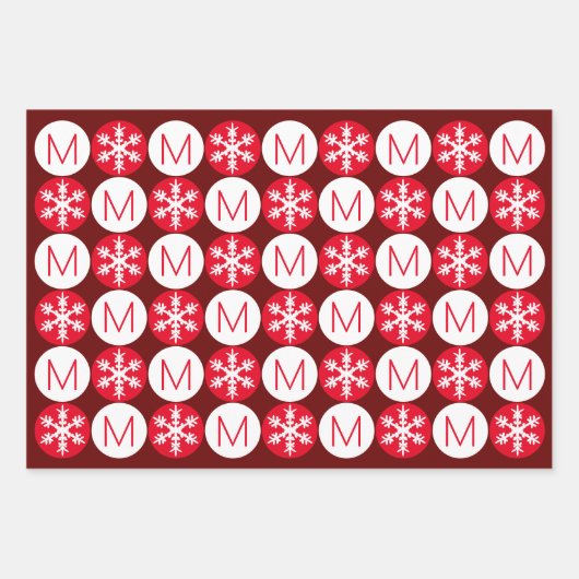 Modern Snowflake Red en White voegen Monogram toe Inpakpapier Vel (Voorkant 2)