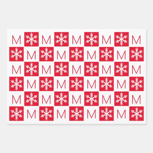 Modern Snowflake Red en White voegen Monogram toe Inpakpapier Vel (Voorkant)