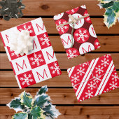 Modern Snowflake Red en White voegen Monogram toe Inpakpapier Vel